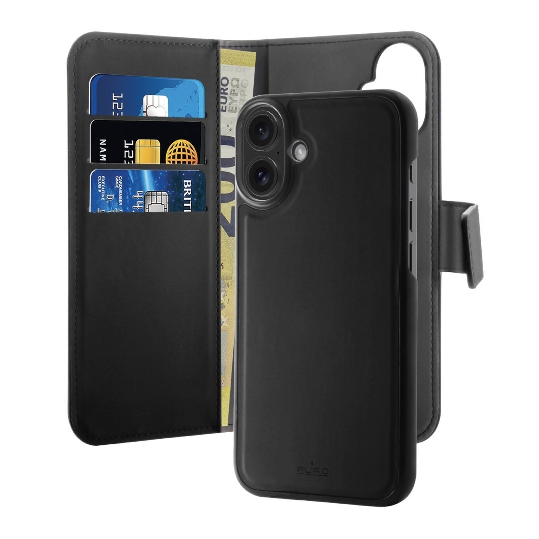 Etui z ekoskóry 2w1 z klapką i portfelem do iPhone 16 Wallet Detachable MagSafe – czarne