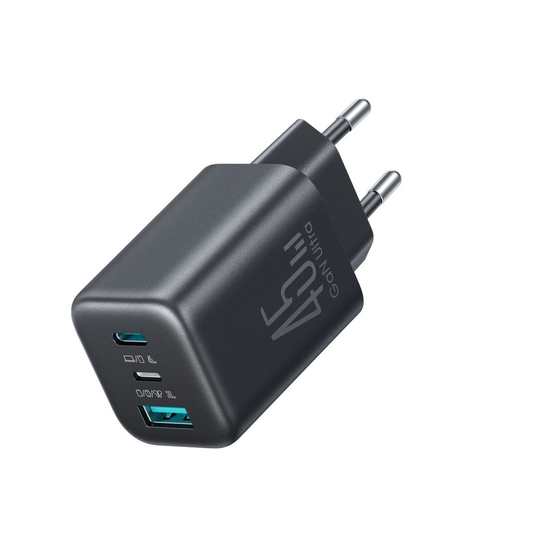 Ładowarka sieciowa USB-C iPhone Lightning USB-A GaN 45W – czarna Ładowarka sieciowa USB-C iPhone Lightning USB-A GaN 45W – czarna