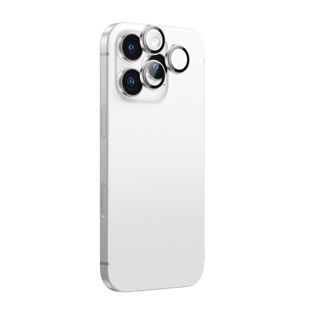 Szkło hartowane z ramką na soczewki aparatu do iPhone 16 Pro / 16 Pro Max – srebrne