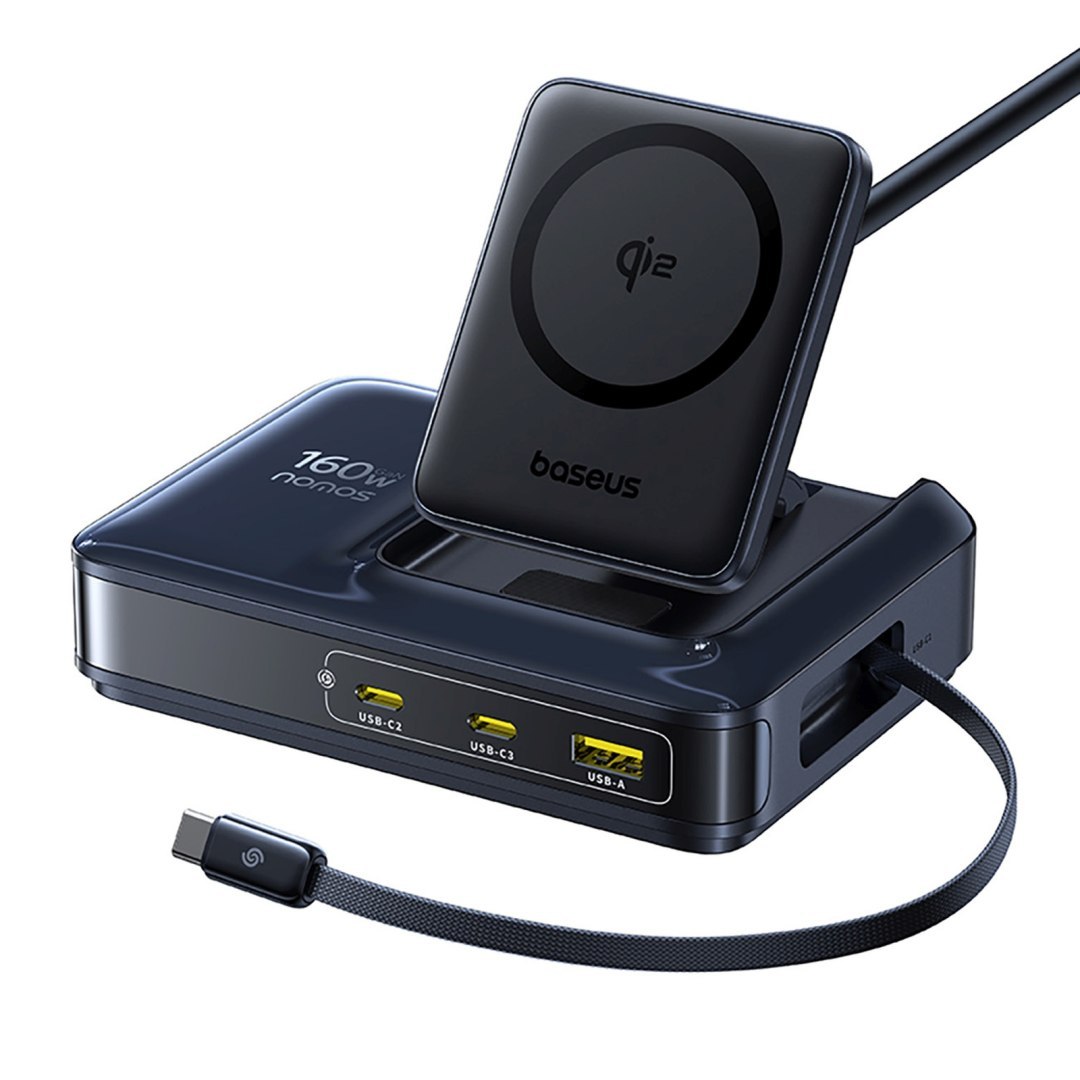 Stacja ładująca 5w1 bezprzewodowa USB-A USB-C ze zwijanym kablem Qi2 160W – czarna