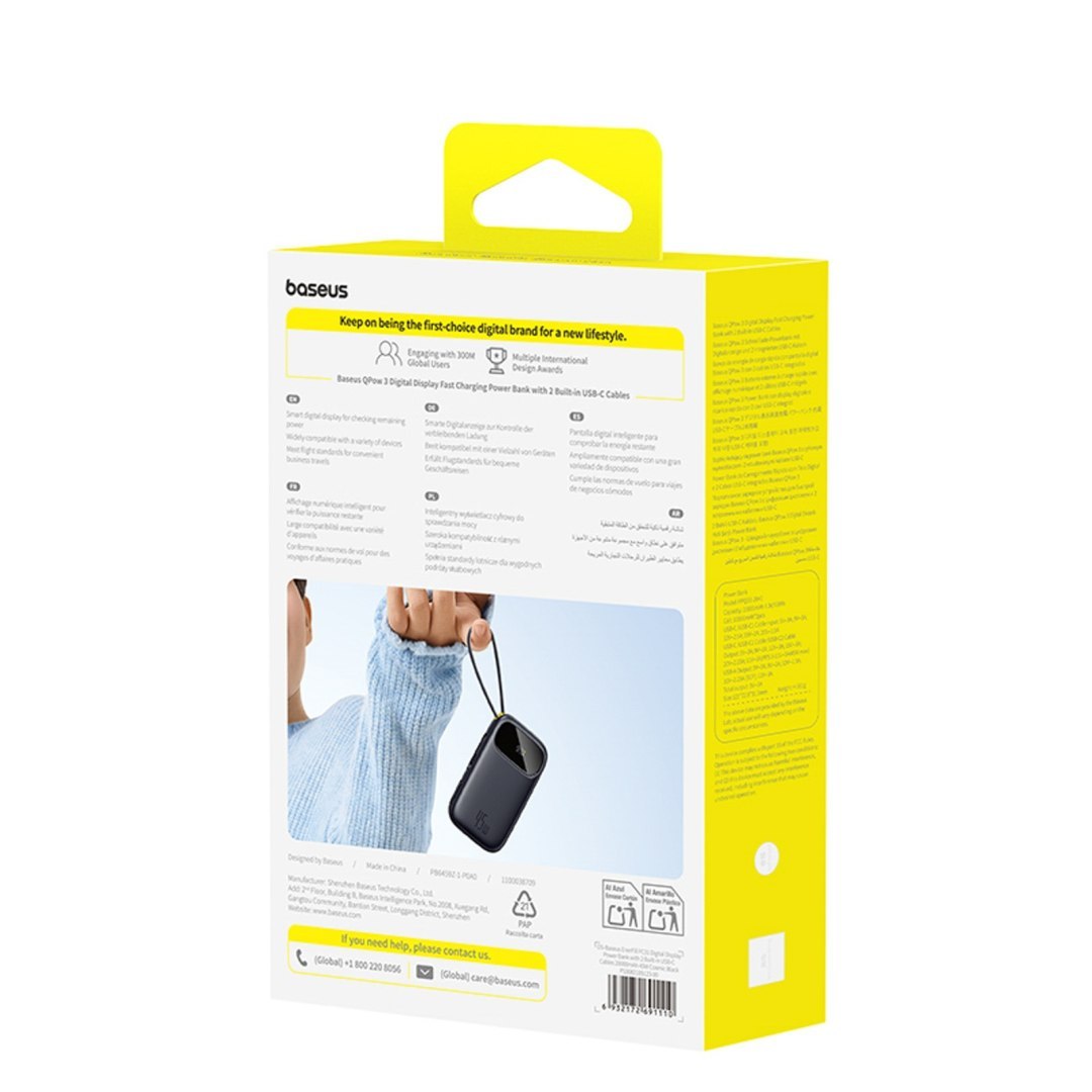 Powerbank 20000mAh USB-A USB-C z wyświetlaczem i 2 wbudowanymi kablami 45W – czarny