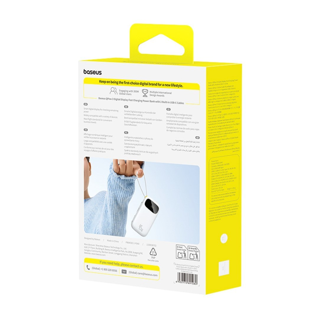 Powerbank 20000mAh USB-A USB-C z wyświetlaczem i 2 wbudowanymi kablami 45W – biały Powerbank 20000mAh USB-A USB-C z wyświetlaczem i 2 wbudowanymi kablami 45W – biały