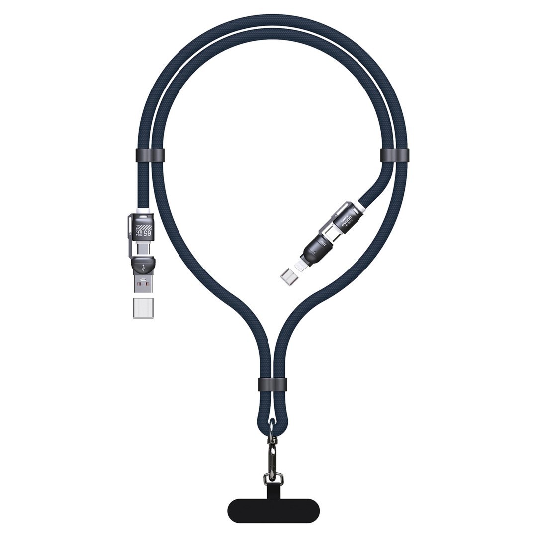 Kabel przewód ze smyczą 4w1 USB-C z adapterami iPhone Lightning USB-A – niebieski