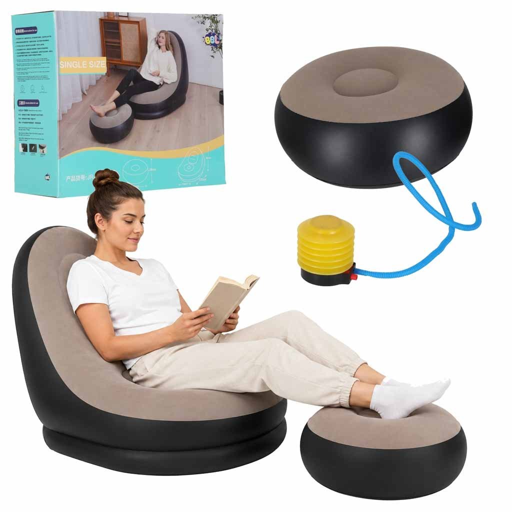 Fotel z podnóżkiem wypoczynkowy dmuchany sofa pufa pompka zestaw 2w1 Fotel z podnóżkiem wypoczynkowy dmuchany sofa pufa pompka zestaw 2w1