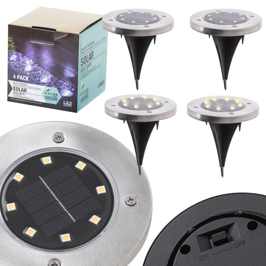 Lampy ogrodowe solarne najazdowe gruntowe czujnik zmierzchu wbijane świecący dysk 8LED 4szt. zimny biały