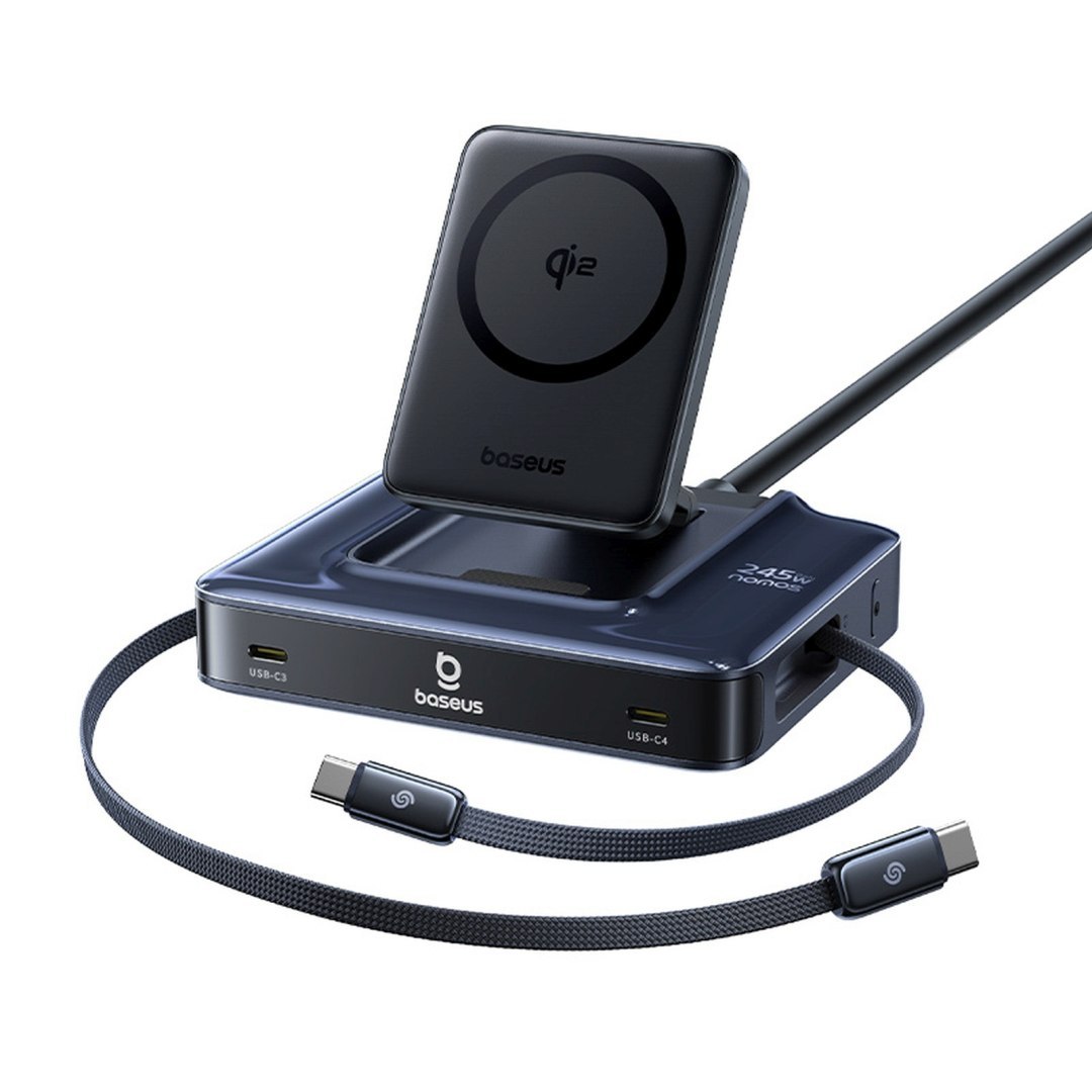 Stacja ładująca bezprzewodowa 6w1 ze zwijanymi kablami USB-C 245W – czarna Stacja ładująca bezprzewodowa 6w1 ze zwijanymi kablami USB-C 245W – czarna