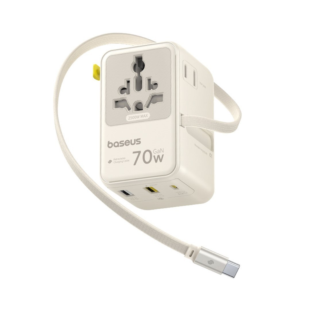 Adapter podróżny 6w1 ze zwijanym kablem USB-C 70W – biały