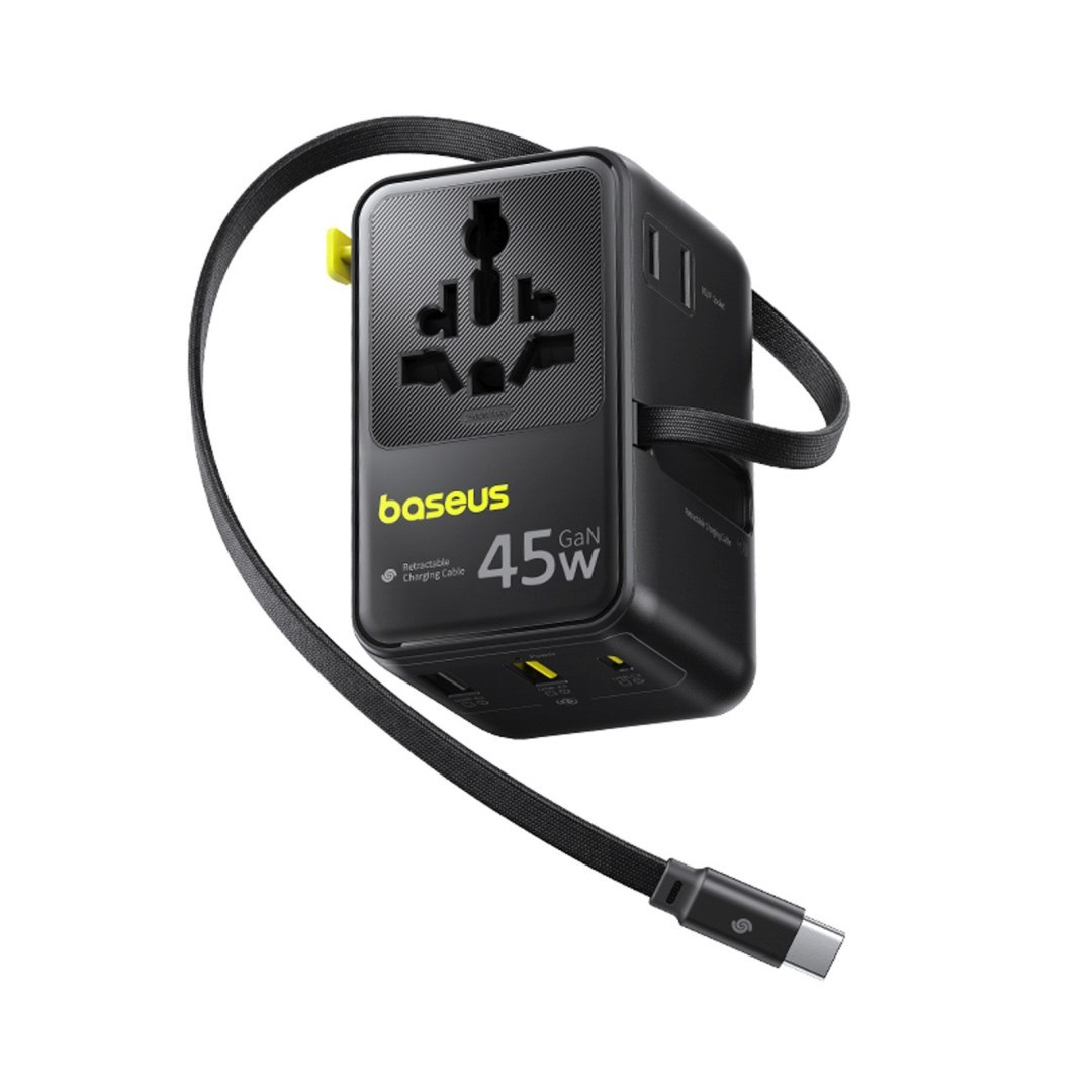 Adapter podróżny 6w1 ze zwijanym kablem USB-C 45W – czarny