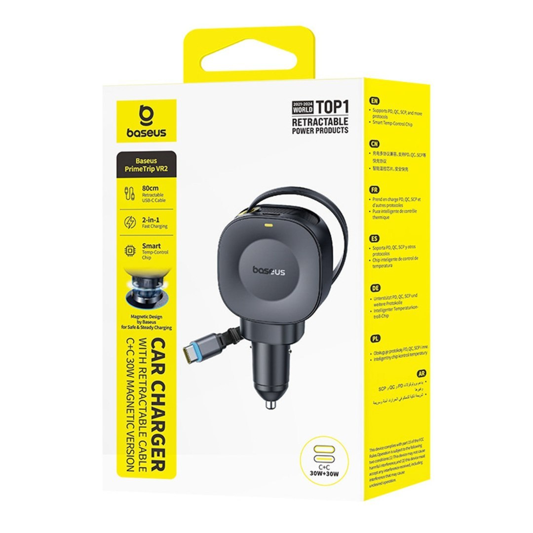 Ładowarka samochodowa USB-C ze zwijanym kablem USB-C 30W – czarna Ładowarka samochodowa USB-C ze zwijanym kablem USB-C 30W – czarna