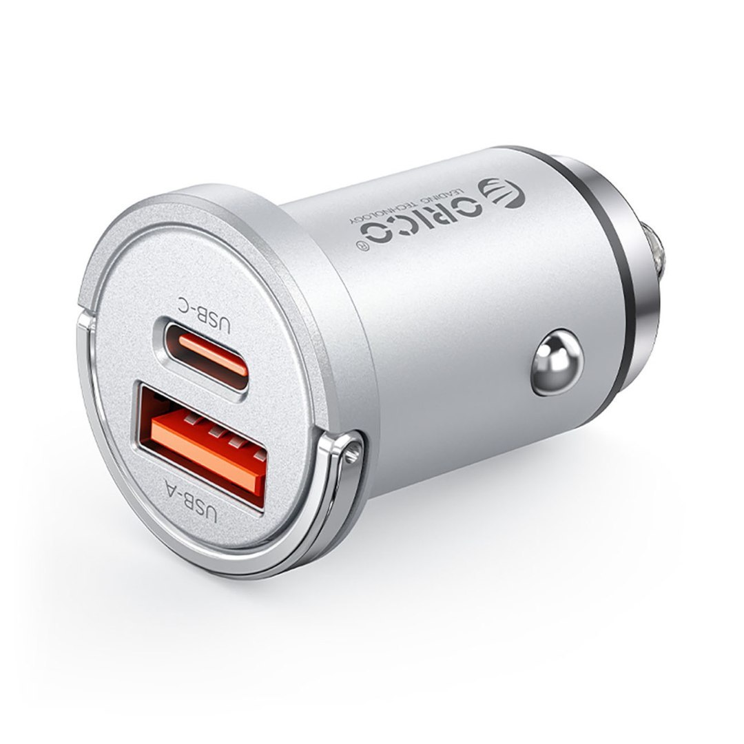 Ładowarka samochodowa USB-A USB-C 45W – srebrna