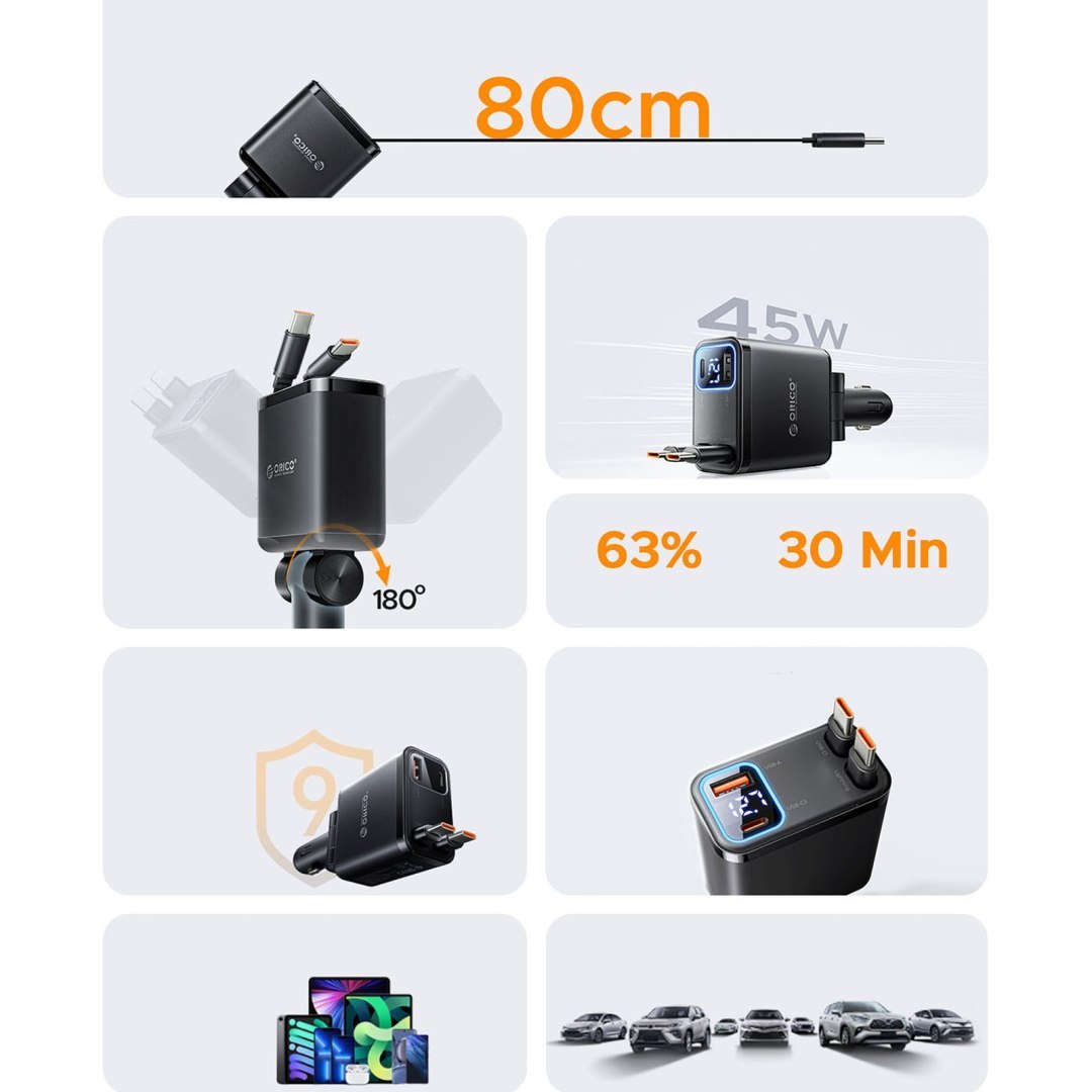 Ładowarka samochodowa USB-A USB-C 45W ze zwijanymi kablami USB-C – czarna
