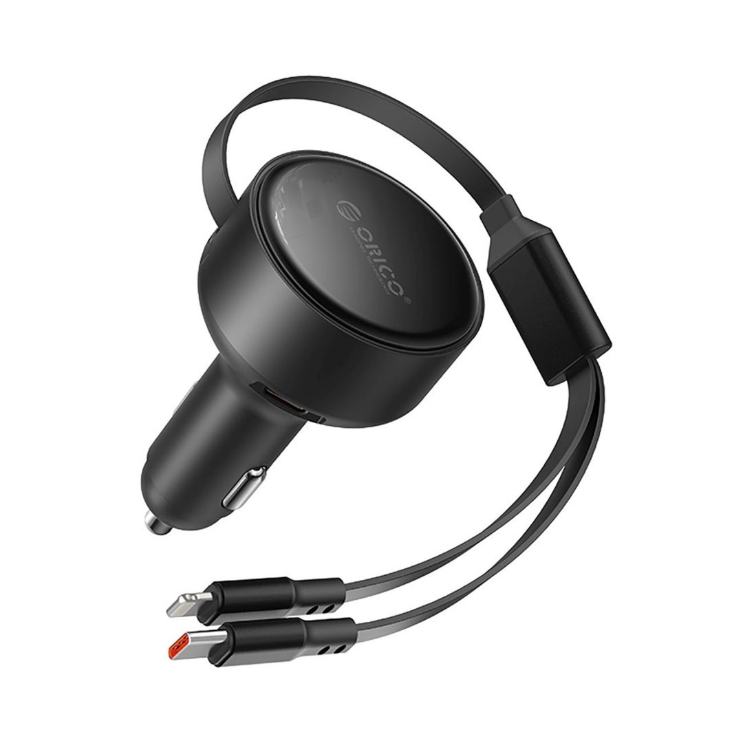 Ładowarka samochodowa USB-C 60 W ze zwijanymi kablami USB-C iPhone Lightning – czarna