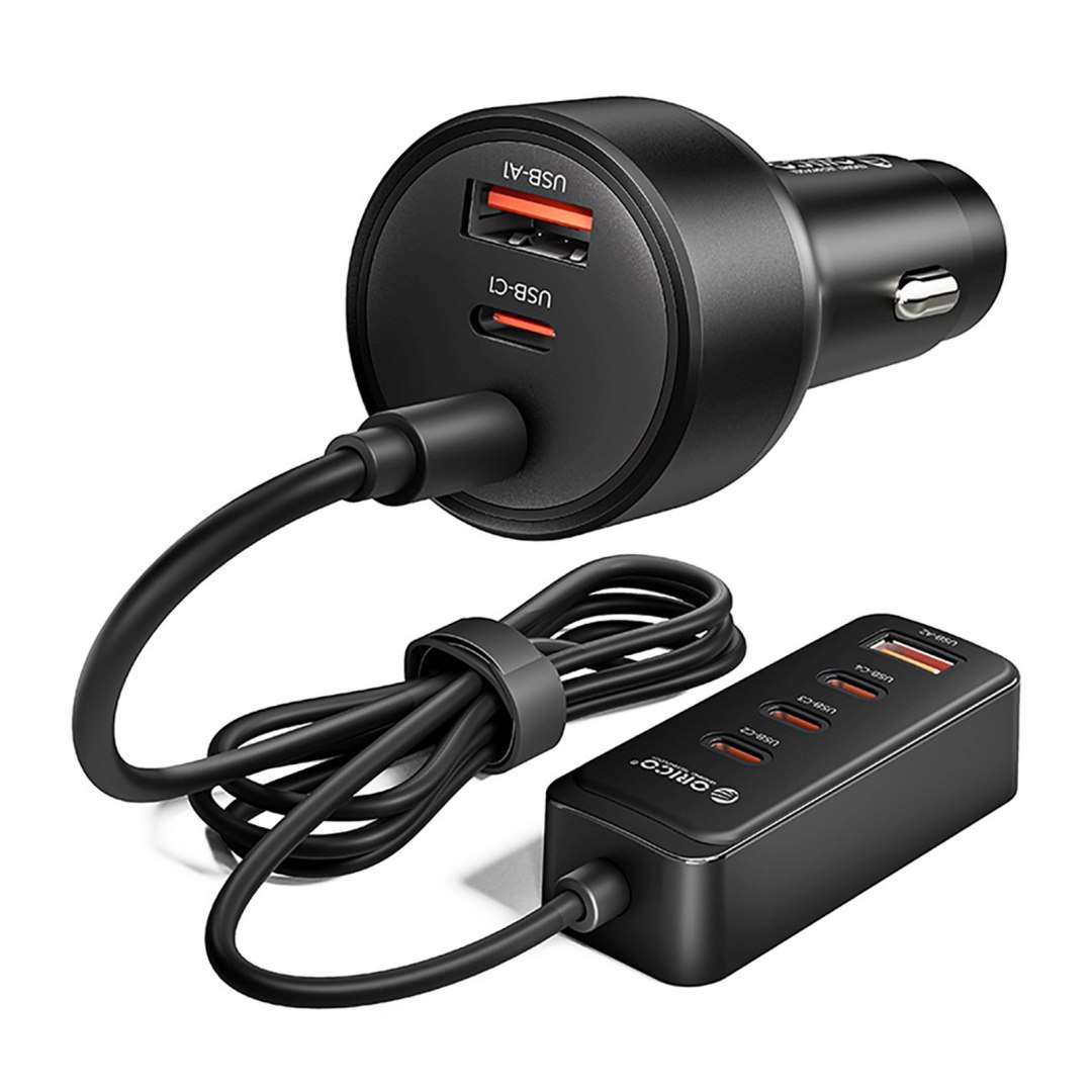 Ładowarka samochodowa USB-A USB-C z przedłużaczem 108W – czarna Ładowarka samochodowa USB-A USB-C z przedłużaczem 108W – czarna
