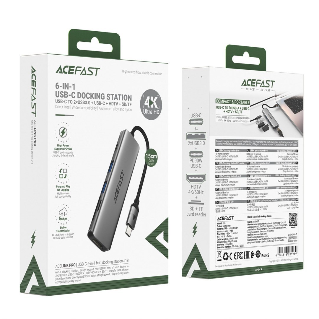 Hub stacja dokująca 6w1 USB-C – UAB-A USB-C HDMI SD 4K 60Hz PD 90W – szara