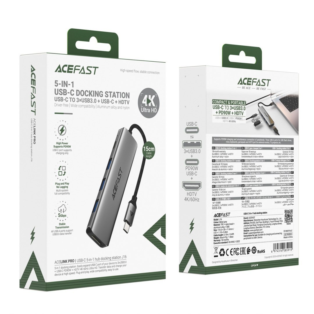 Hub stacja dokująca 5w1 USB-C – USB-A USB-C HDMI 4K 60Hz PD 90W – szara