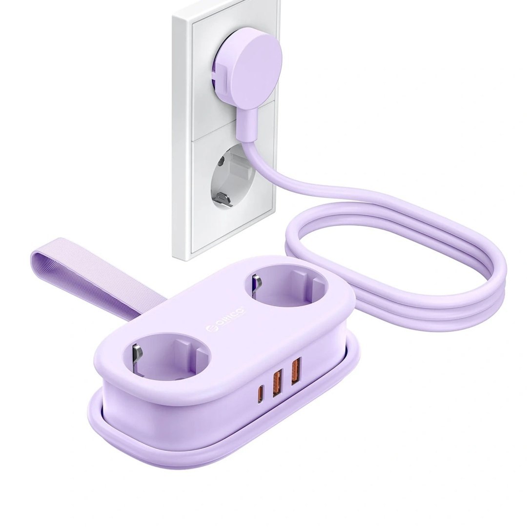 Listwa zasilająca 5w1 AC USB-A USB-C GaN 20W – fioletowa