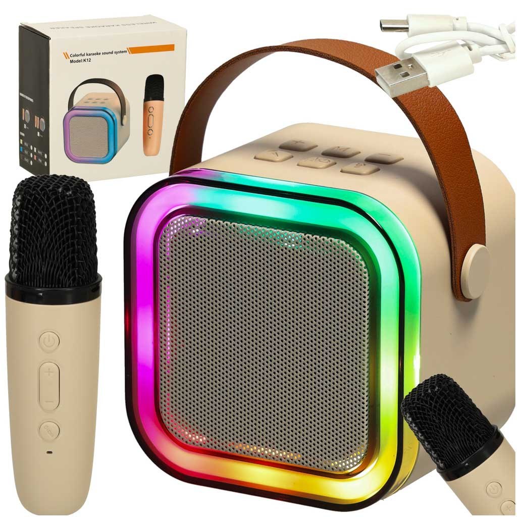 Zestaw do karaoke głośnik Bluetooth mikrofon USB LED beżowy Zestaw do karaoke głośnik Bluetooth mikrofon USB LED beżowy