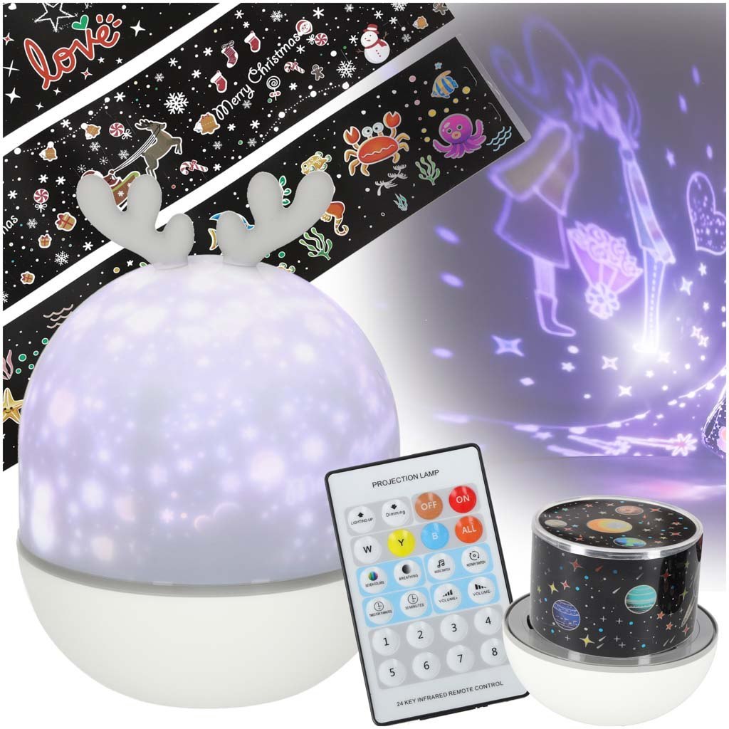 Lampka nocna projektor gwiazd LED USB obrotowy 6 motywów pilot jelonek Lampka nocna projektor gwiazd LED USB obrotowy 6 motywów pilot jelonek