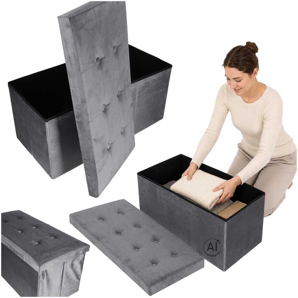 Pufa ze schowkiem do siedzenia otwierana składana welurowa 76x38x38cm szara Pufa ze schowkiem do siedzenia otwierana składana welurowa 76x38x38cm szara