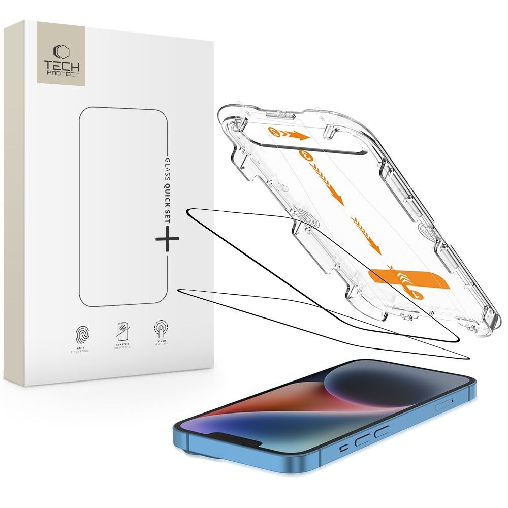 Szkło hartowane na iPhone 13 / 13 PRO / 14 / 16e z ramką instalacyjną Quick Set+ – 2 szt. Szkło hartowane na iPhone 13 / 13 PRO / 14 / 16e z ramką instalacyjną Quick Set+ – 2 szt.