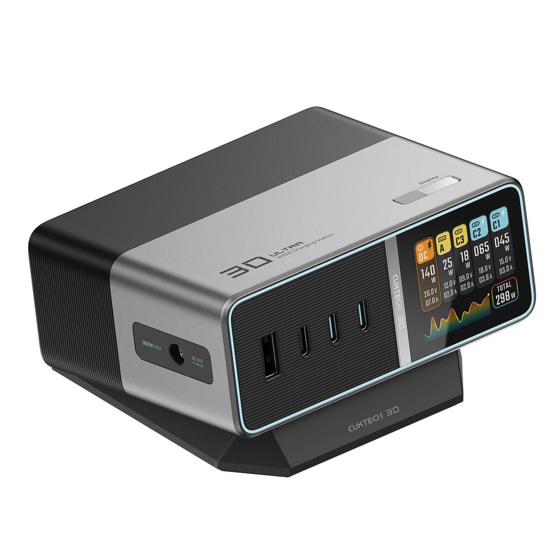 Stacja ładująca 5w1 z wyświetlaczem cyfrowym USB-A USB-C 300W – srebrna Stacja ładująca 5w1 z wyświetlaczem cyfrowym USB-A USB-C 300W – srebrna