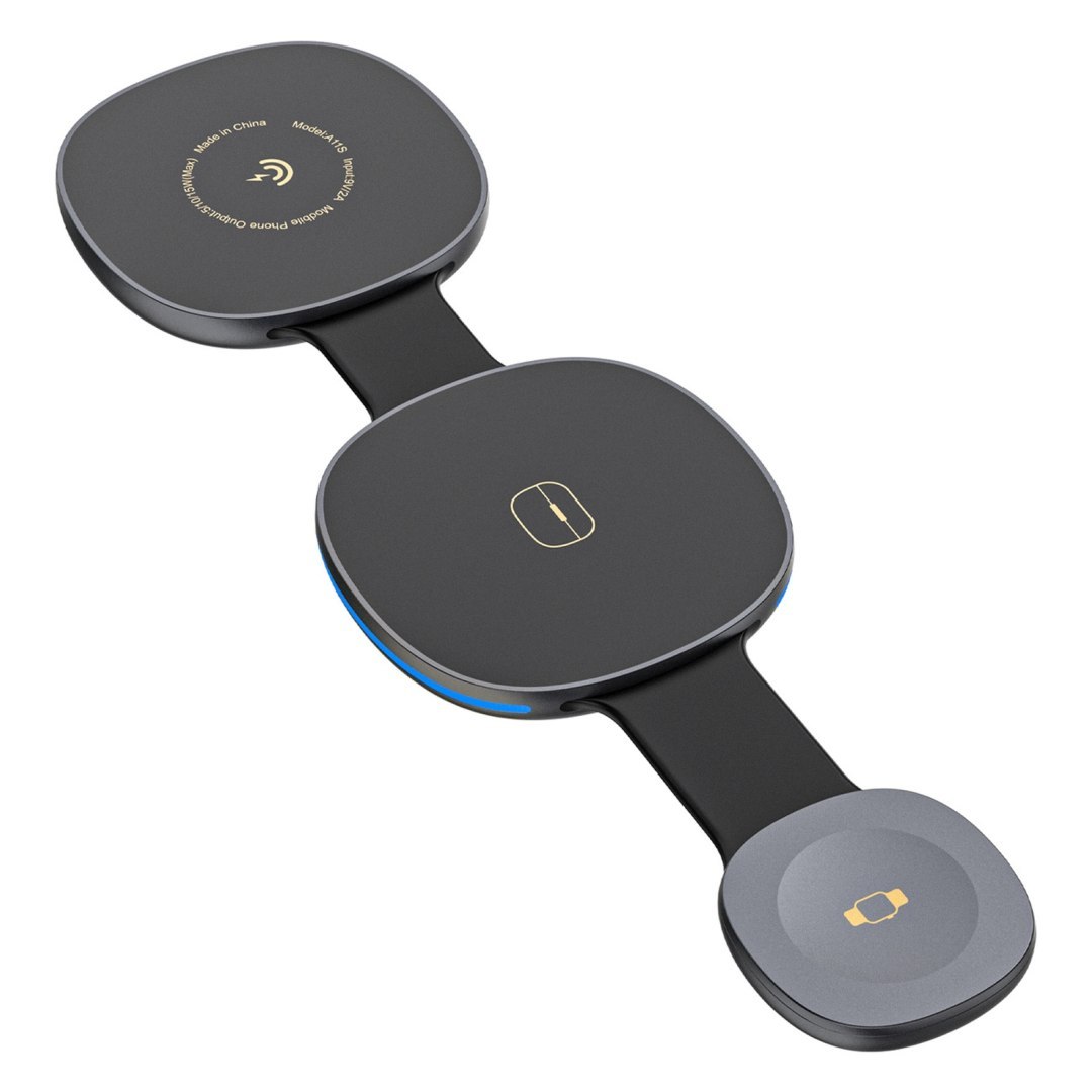 Ładowarka bezprzewodowa 3w1 na smartfon smartwatch słuchawki MagSafe – czarna Ładowarka bezprzewodowa 3w1 na smartfon smartwatch słuchawki MagSafe – czarna