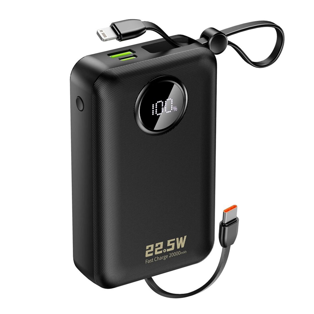 Powerbank 20000mAh USB-C USB-A z wbudowanymi kablami iPhone Lightning USB-C – czarny