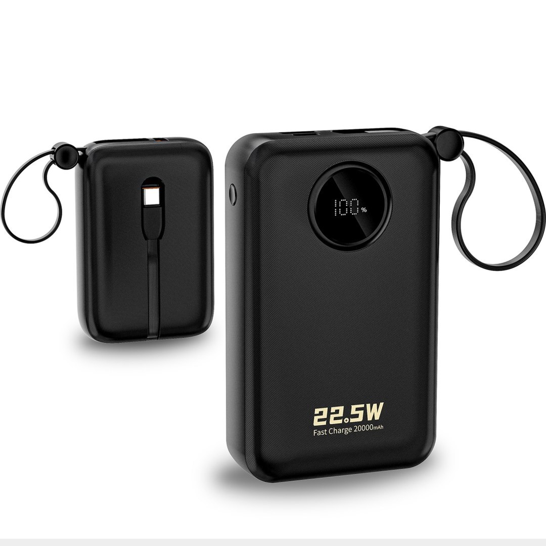 Powerbank 20000mAh USB-C USB-A z wbudowanymi kablami iPhone Lightning USB-C – czarny