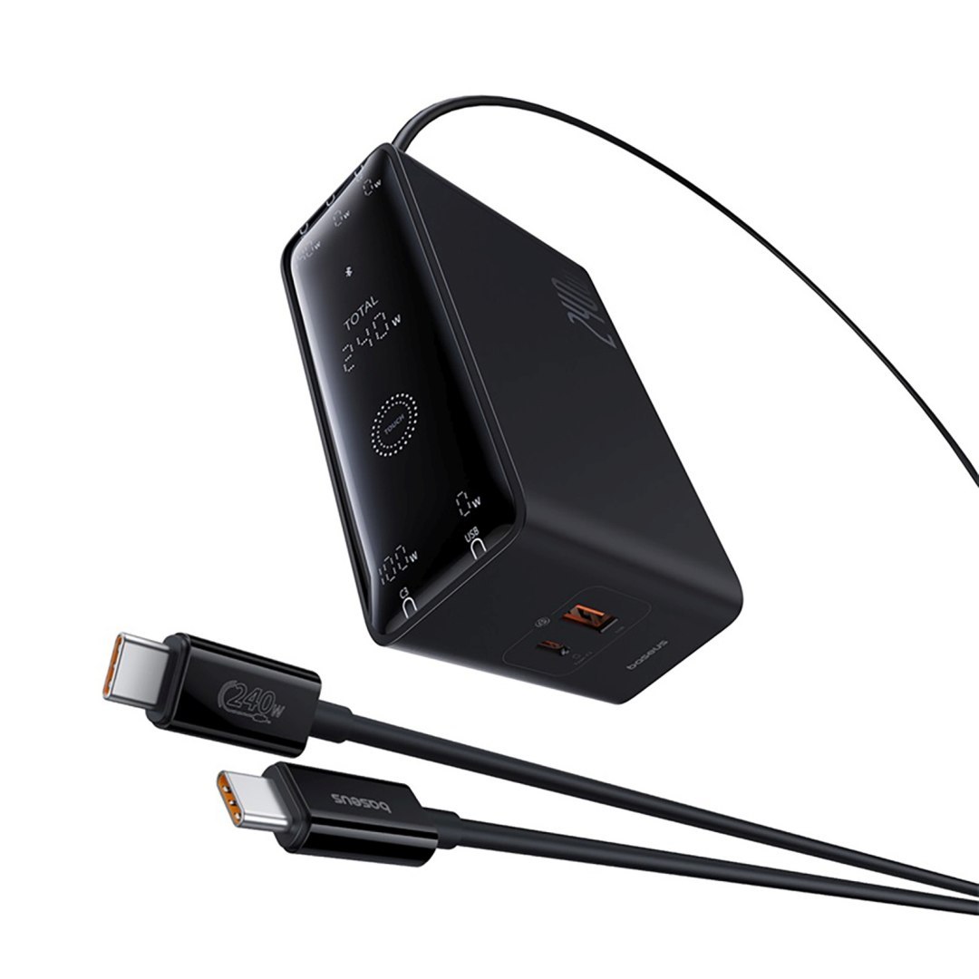 Ładowarka sieciowa USB-A USB-C GaN 240W z kablem zasilającym – czarna Ładowarka sieciowa USB-A USB-C GaN 240W z kablem zasilającym – czarna