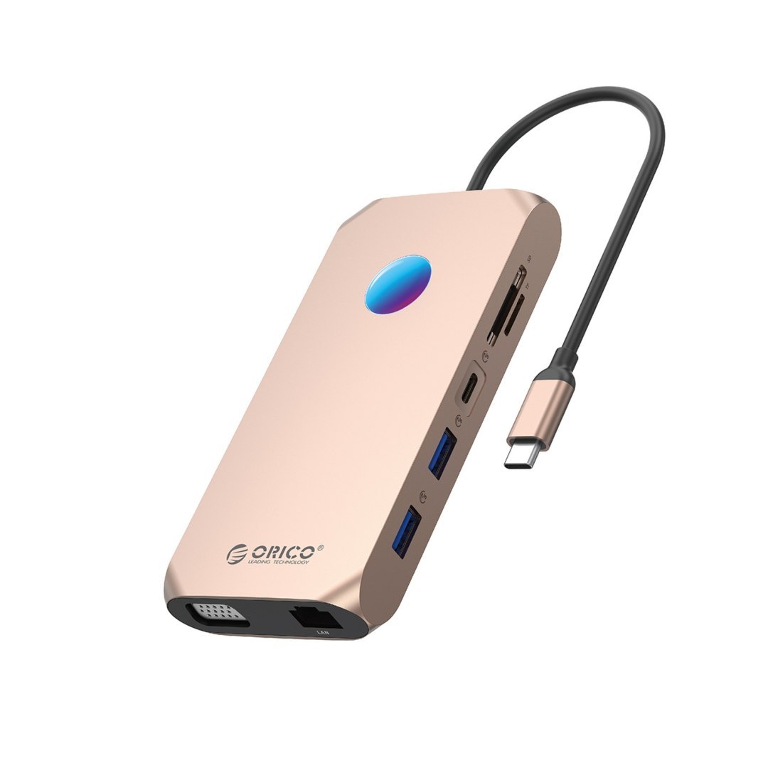 HUB 12w1 USB-C – USB-A USB-C HDMI VGA SD RJ45 mini jack PD 100W 4K 1000 Mbps RGB – różowo złoty