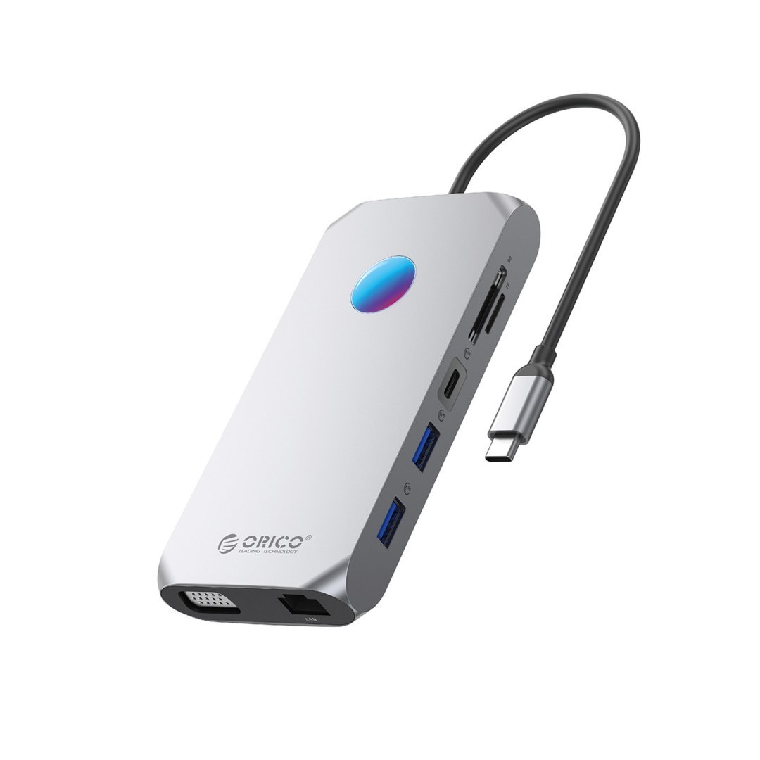 HUB 12w1 USB-C – USB-A USB-C HDMI VGA microSD/SD RJ45 audio 3.5 mm PD 100W 4K RGB – szary HUB 12w1 USB-C – USB-A USB-C HDMI VGA microSD/SD RJ45 audio 3.5 mm PD 100W 4K RGB – szary