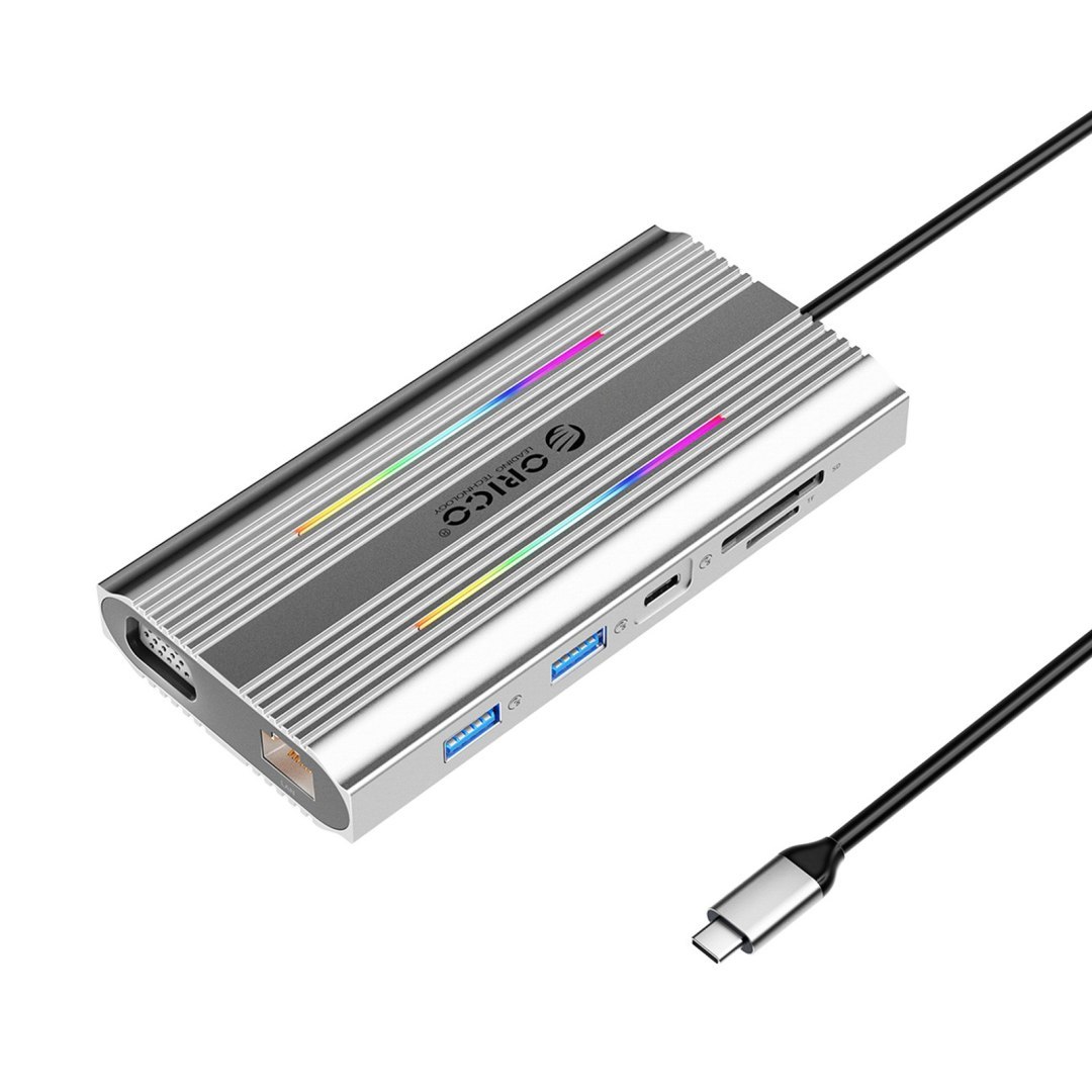 Stacja dokująca HUB 12w1 USB-C – USB-A USB-C HDMI VGA RJ45 SD microSD PD 100W 4K RGB – szara