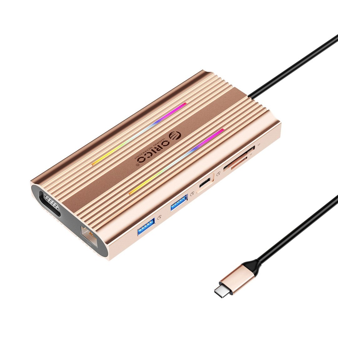 Stacja dokująca HUB 12w1 USB-C – USB-A USB-C HDMI VGA RJ45 SD microSD PD 100W 4K RGB – różowo złota
