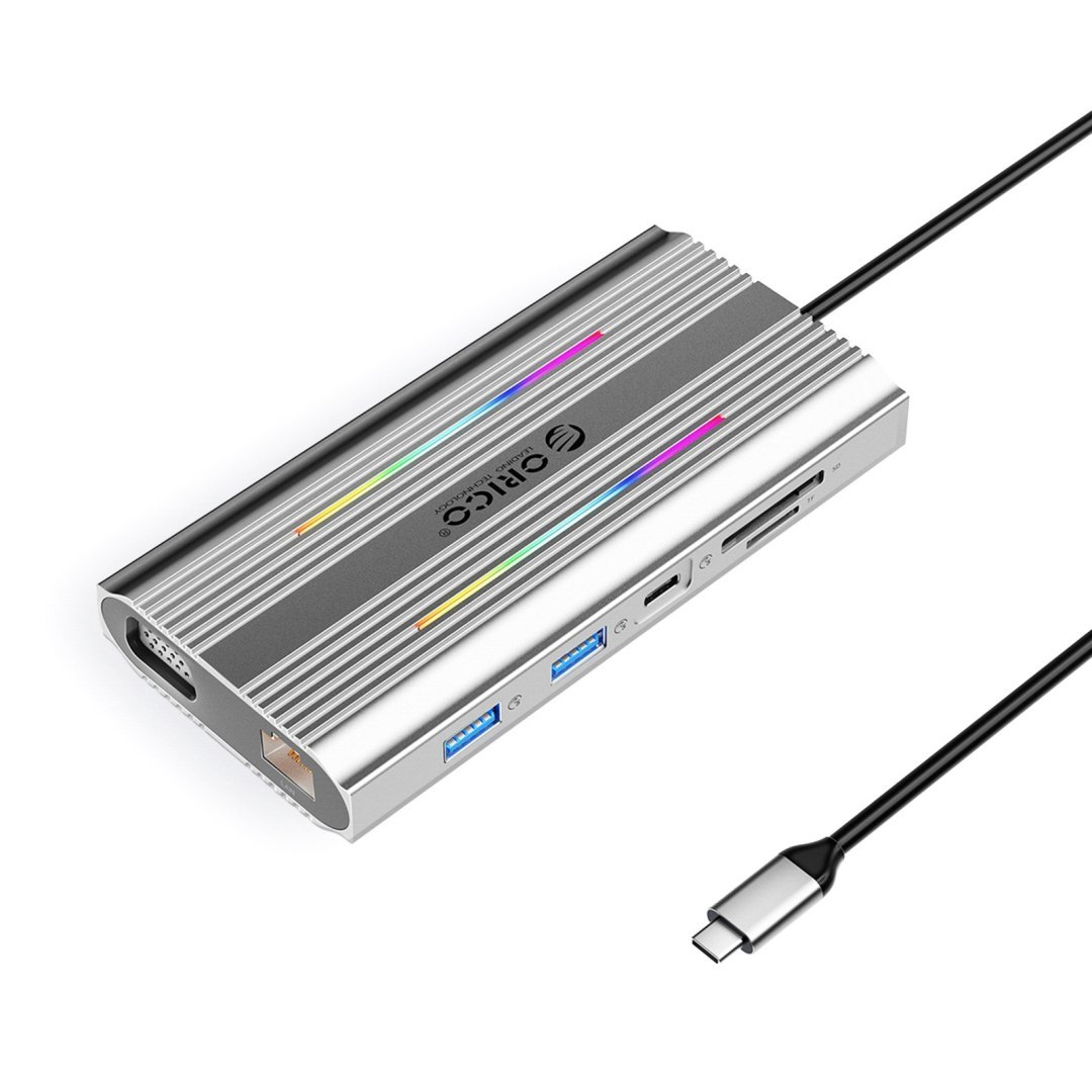 Stacja dokująca HUB 12w1 USB-C – USB-A USB-C HDMI VGA RJ45 SD PD 100W 4K 1000Mbps RGB – srebrna Stacja dokująca HUB 12w1 USB-C – USB-A USB-C HDMI VGA RJ45 SD PD 100W 4K 1000Mbps RGB – srebrna