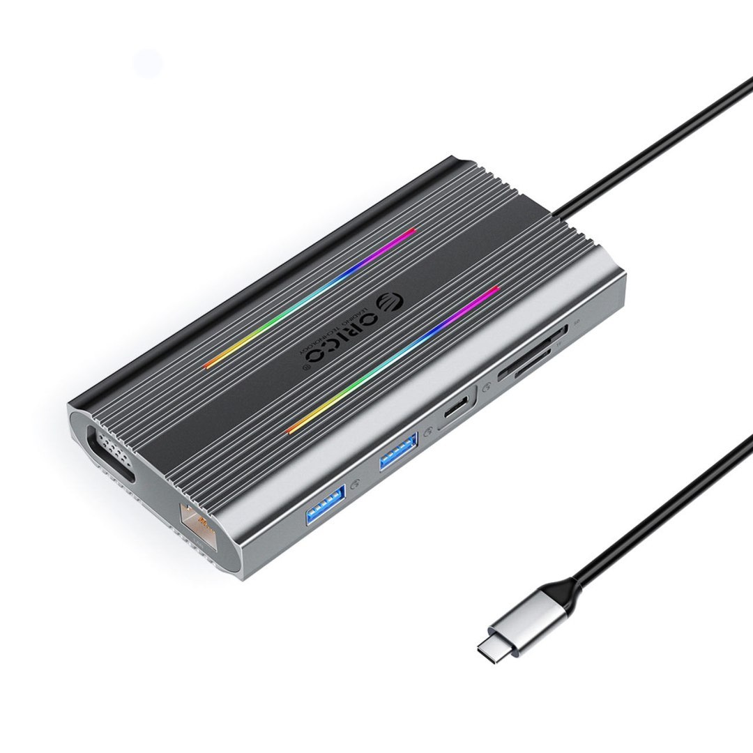 Stacja dokująca HUB 12w1 USB-C – USB-A USB-C HDMI VGA RJ45 SD PD 100W 4K 1000Mbps RGB – szara