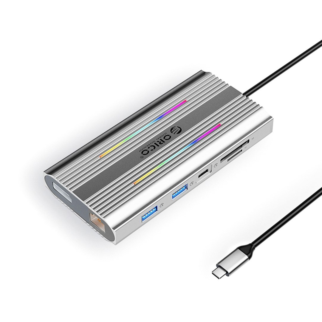 HUB 12w1 USB-C – USB-A USB-C HDMI DisplayPort RJ45 SD/microSD 4K PD 100 W RGB – srebrny HUB 12w1 USB-C – USB-A USB-C HDMI DisplayPort RJ45 SD/microSD 4K PD 100 W RGB – srebrny