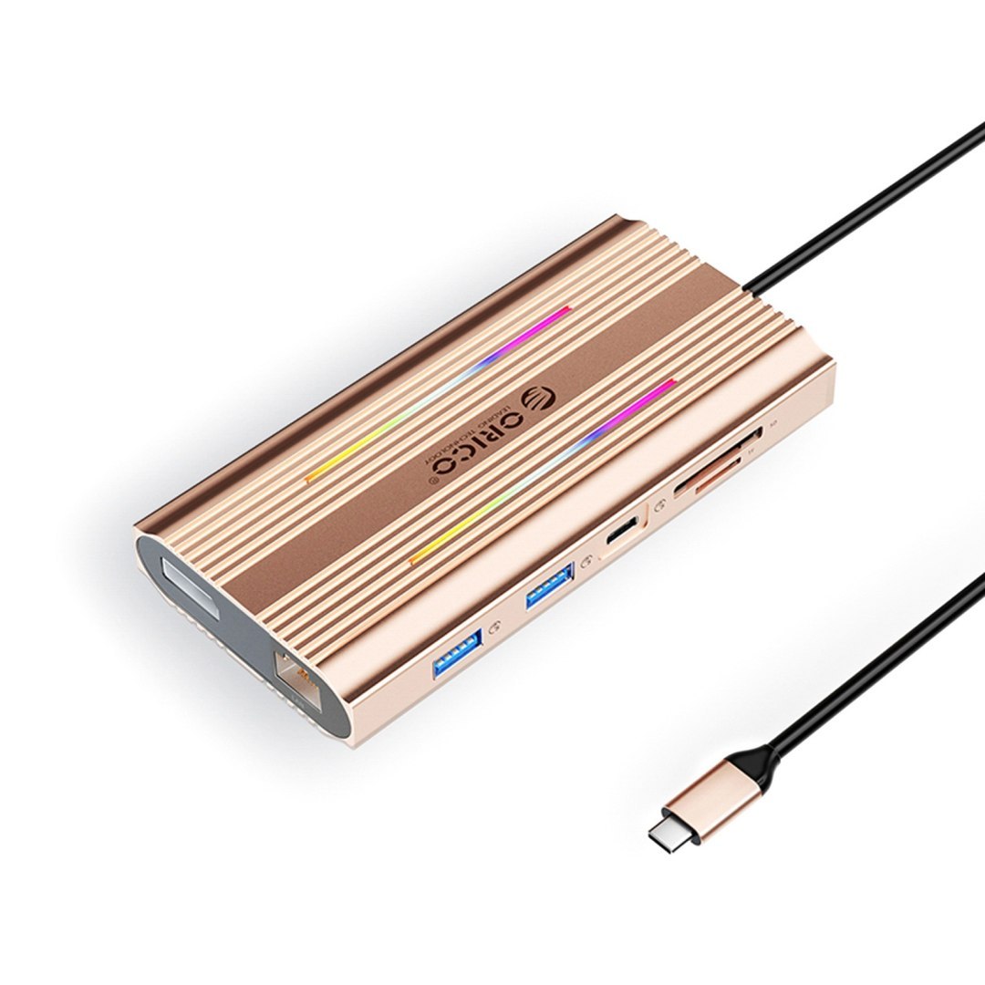 HUB 12w1 USB-C – USB-A USB-C HDMI DisplayPort RJ45 SD/microSD 4K PD 100 W RGB – różowo złoty
