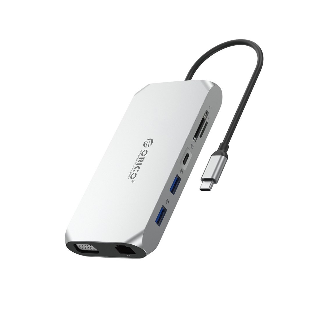 Adapter HUB 12w1 USB-C – USB-A USB-C HDMI VGA SD/microSD RJ45 mini jack PD 100W 4K – srebrny Adapter HUB 12w1 USB-C – USB-A USB-C HDMI VGA SD/microSD RJ45 mini jack PD 100W 4K – srebrny