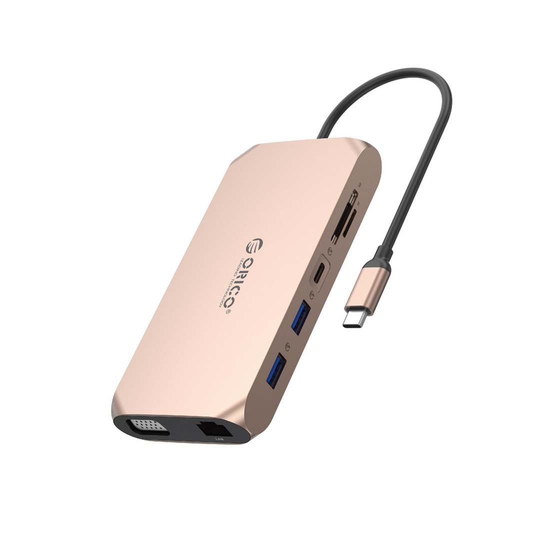 Adapter HUB 12w1 USB-C – USB-A USB-C HDMI VGA SD/microSD RJ45 mini jack PD 100W 4K – różowo złoty Adapter HUB 12w1 USB-C – USB-A USB-C HDMI VGA SD/microSD RJ45 mini jack PD 100W 4K – różowo złoty