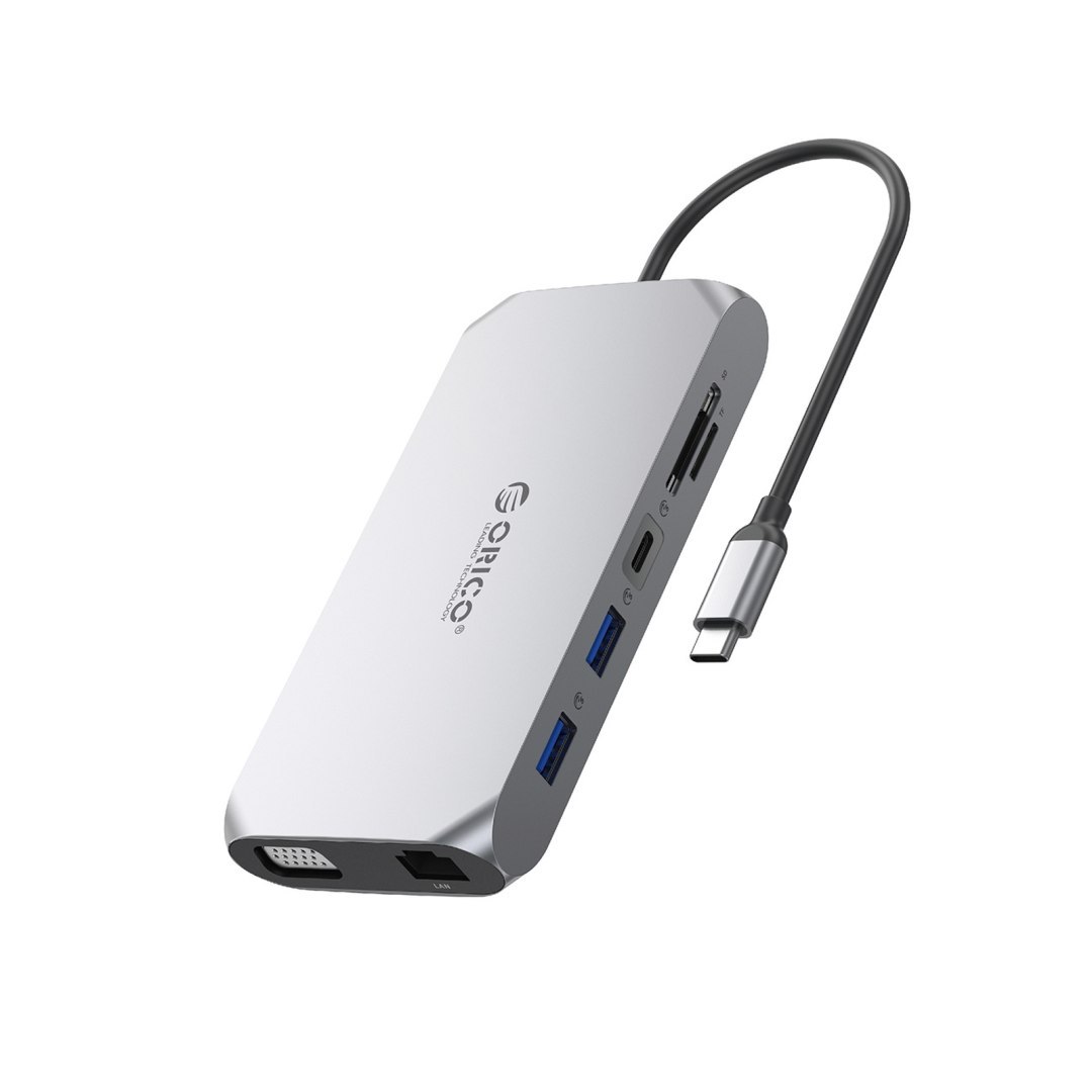 Adapter HUB 12w1 USB-C – USB-A USB-C HDMI VGA SD/microSD RJ45 mini jack PD 100W 4K – szary Adapter HUB 12w1 USB-C – USB-A USB-C HDMI VGA SD/microSD RJ45 mini jack PD 100W 4K – szary