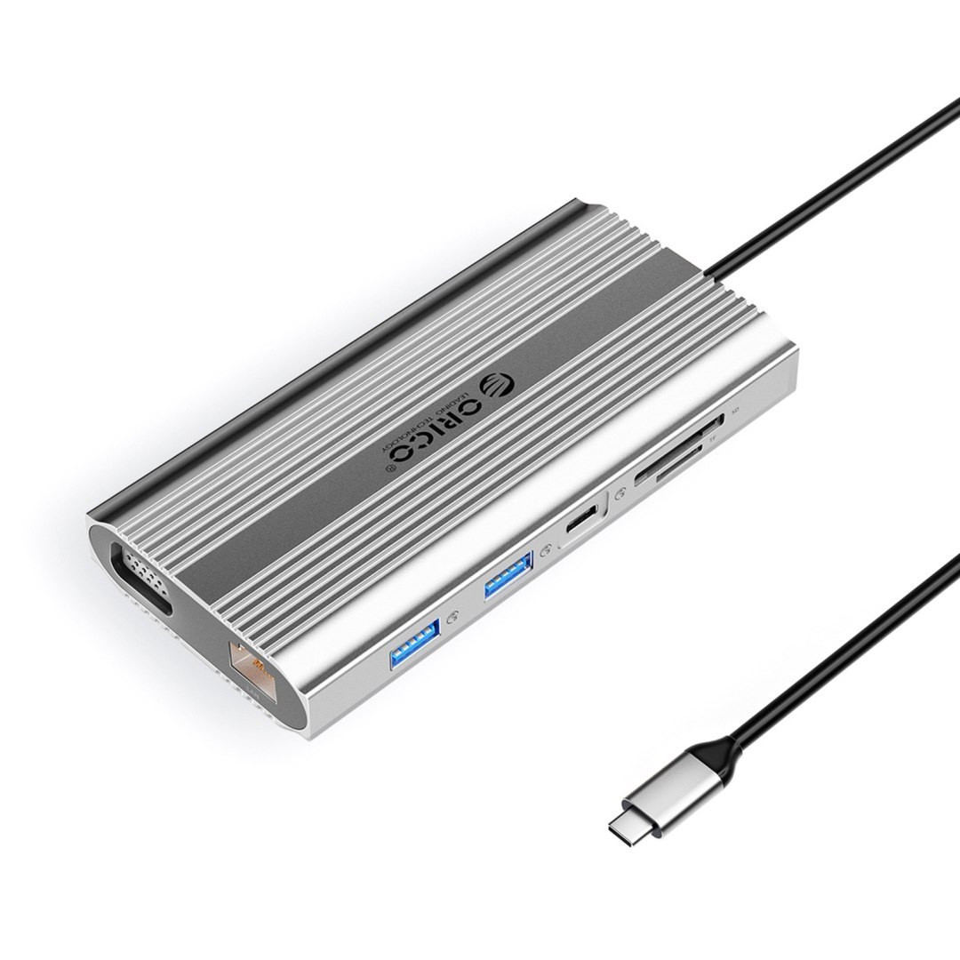 Stacja dokująca 12w1 USB-C – USB-A USB-C HDMI VGA RJ45 SD microSD PD 100W – srebrna