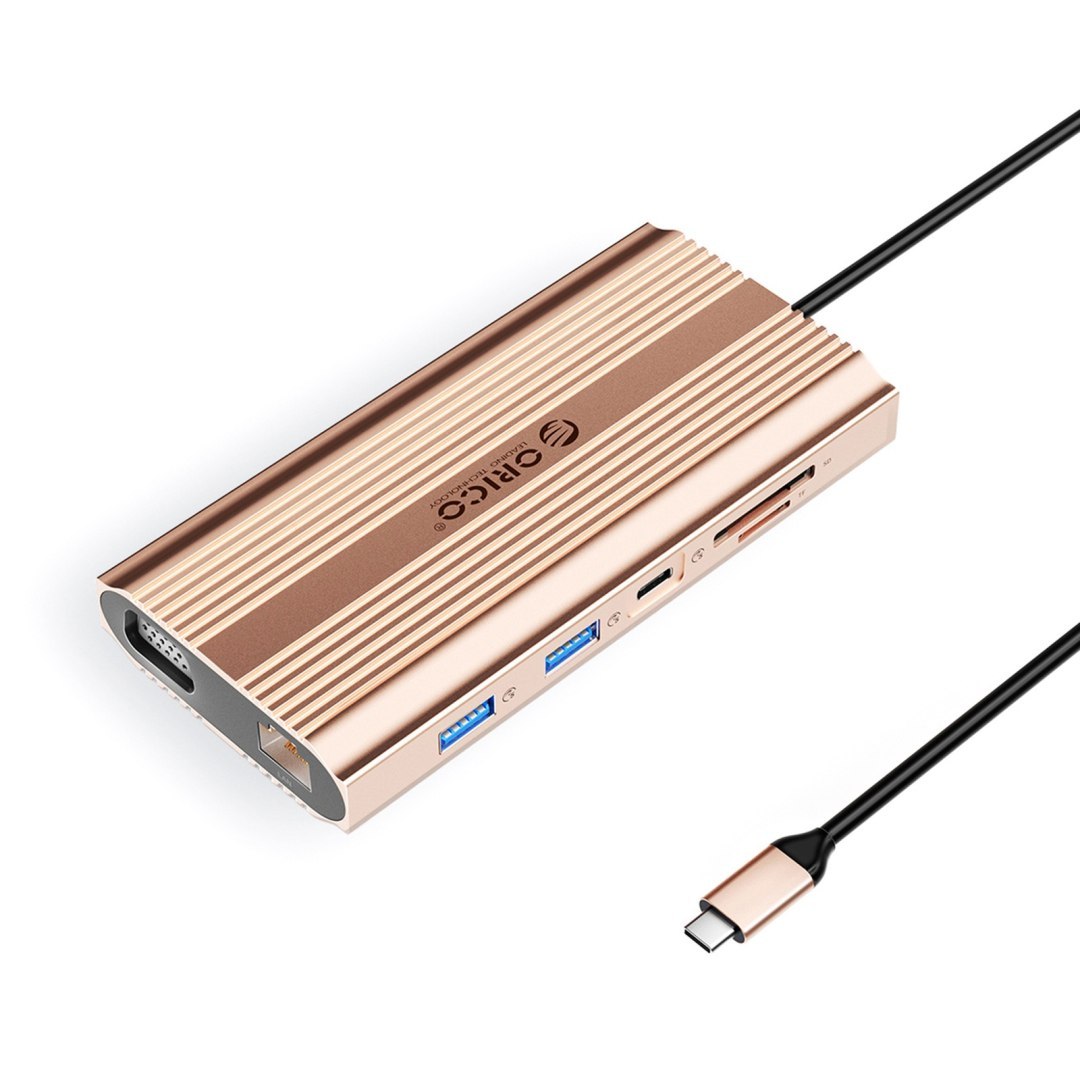 Stacja dokująca 12w1 USB-C – USB-A USB-C HDMI VGA RJ45 SD microSD PD 100W – różowo złota Stacja dokująca 12w1 USB-C – USB-A USB-C HDMI VGA RJ45 SD microSD PD 100W – różowo złota