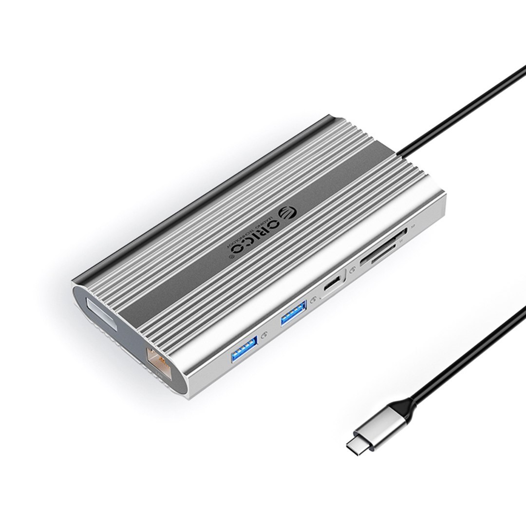 HUB stacja 12w1 USB-C – USB-A USB-C HDMI DisplayPort RJ45 SD PD 100W 4K 1000Mbps – srebrna