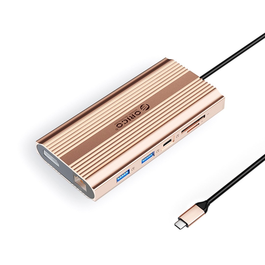 HUB stacja 12w1 USB-C – USB-A USB-C HDMI DisplayPort RJ45 SD PD 100W 4K 1000Mbps – różowo złota HUB stacja 12w1 USB-C – USB-A USB-C HDMI DisplayPort RJ45 SD PD 100W 4K 1000Mbps – różowo złota