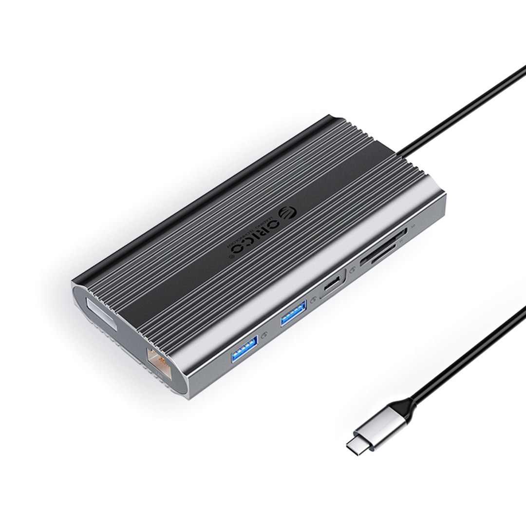 HUB stacja 12w1 USB-C – USB-A USB-C HDMI DisplayPort RJ45 SD PD 100W 4K 1000Mbps – szara