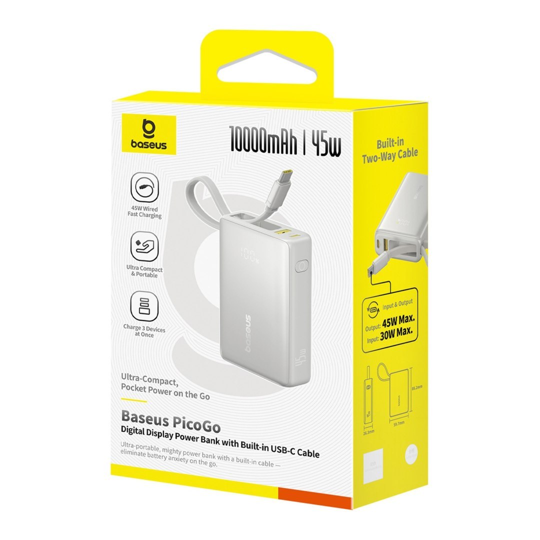 Powerbank 10000mAh 45W z wyświetlaczem i wbudowanym kablem USB-C – tytanowy