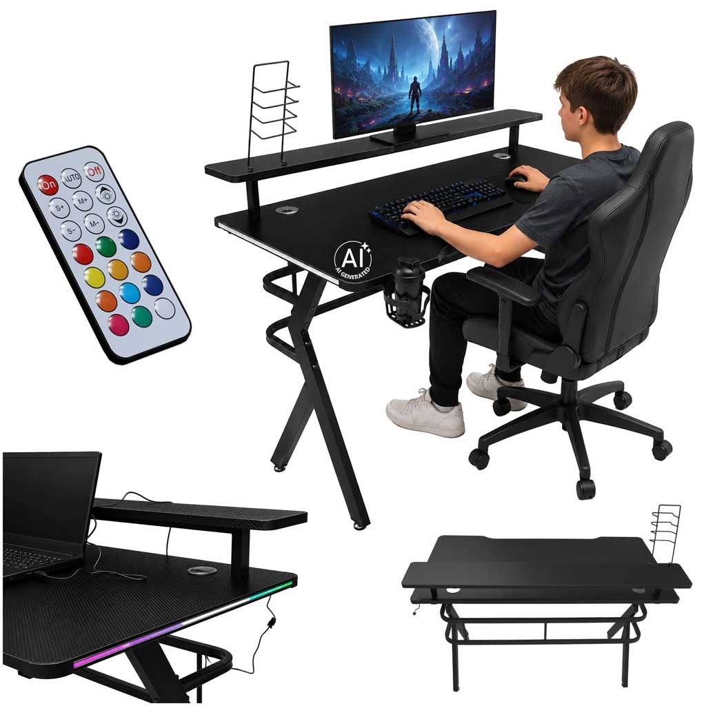Biurko gamingowe z nadstawką LED RGB uchwyty komputerowe dla gracza 120x60cm Biurko gamingowe z nadstawką LED RGB uchwyty komputerowe dla gracza 120x60cm