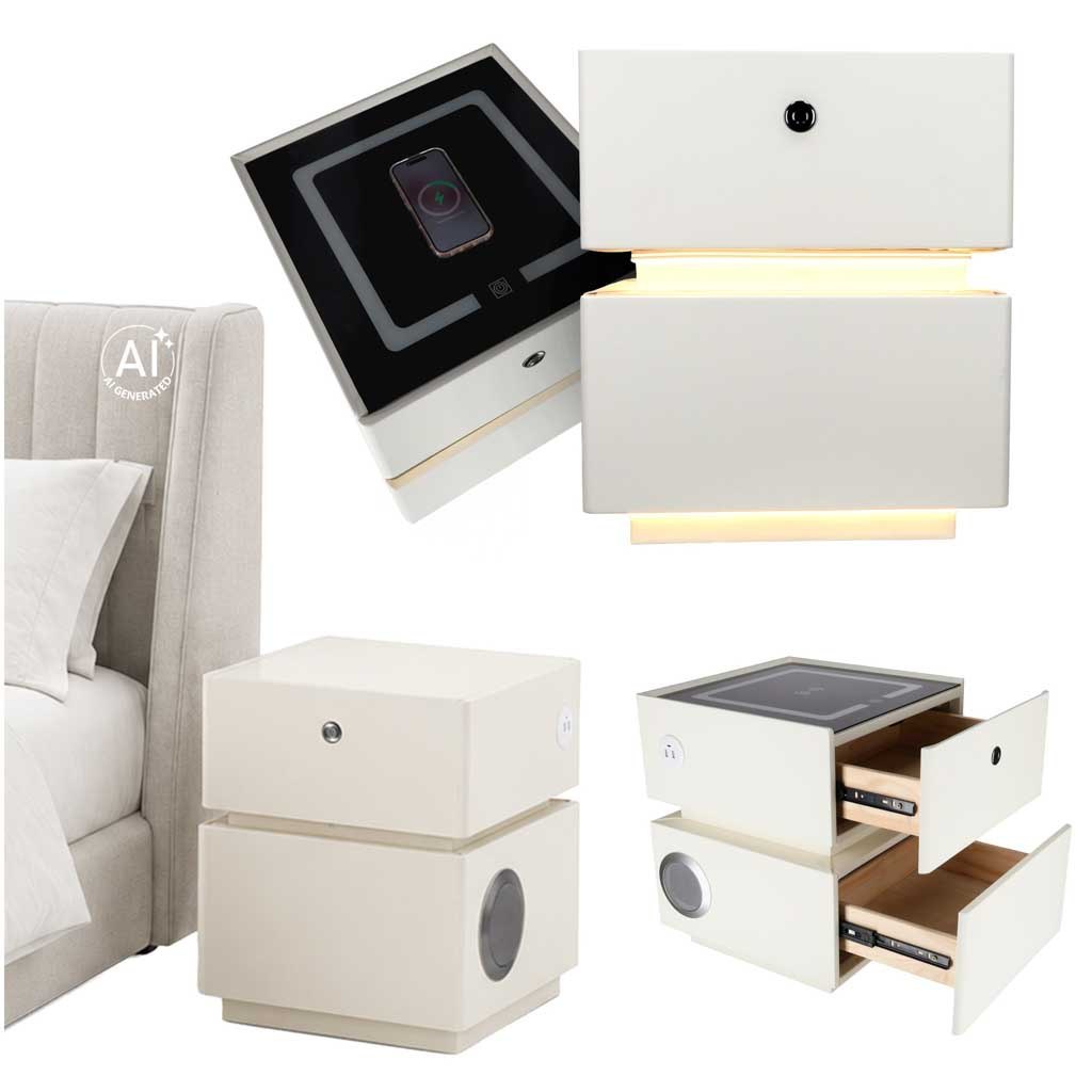 Szafka nocna wisząca szuflady oświetlenie LED USB ładowanie głośnik Bluetoot ecru Szafka nocna wisząca szuflady oświetlenie LED USB ładowanie głośnik Bluetoot ecru