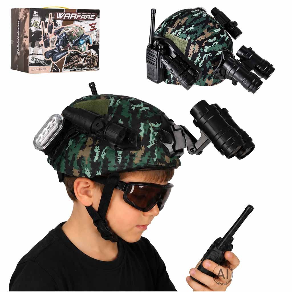 Zestaw żołnierza militarny hełm walkie talkie lornetka latarka Zestaw żołnierza militarny hełm walkie talkie lornetka latarka