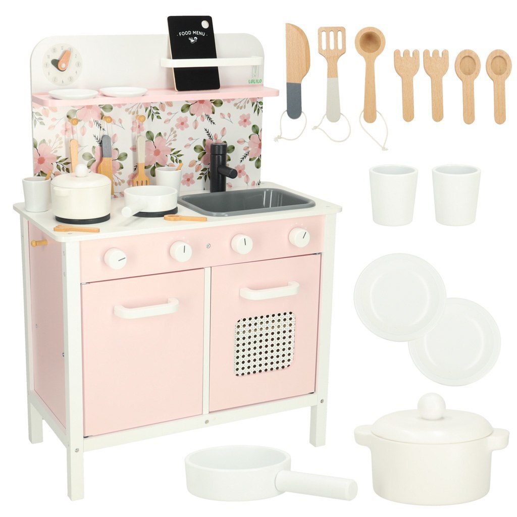 Kuchnia dla dzieci drewniana MDF LULILO FLORA akcesoria różowa 82cm Kuchnia dla dzieci drewniana MDF LULILO FLORA akcesoria różowa 82cm